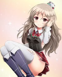 Rule 34 | 10s, 1girl, boots, bow, brown eyes, brown hair, eyebrows, hair between eyes, hand on own face, headgear, kantai collection, knee boots, long hair, long sleeves, looking at viewer, miniskirt, pola (kancolle), sitting, skirt, sleeves past wrists, smile, solo, sparkle, thick eyebrows, thighhighs, wavy hair, white thighhighs, yayoi kotoyuki