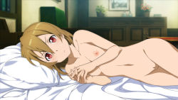 Rule 34 | 1girl, angry, bed, bedroom, blush, breasts, brown eyes, brown hair, collarbone, dresser, flower, flower pot, highres, long hair, looking at viewer, lying, navel, nipples, nude, nude filter, picture frame, pussy, silica, small breasts, sword art online, table, third-party edit, wall