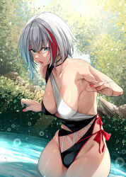 Rule 34 | 1girl, absurdres, adapted costume, admiral graf spee (azur lane), azur lane, bare shoulders, blue eyes, blush, bow, breasts, clothing cutout, commentary request, day, expressionless, groin, hands up, highres, hip focus, leaning forward, looking at viewer, medium breasts, medium hair, multicolored hair, nail polish, navel, navel cutout, one-piece swimsuit, open mouth, oriue wato, outdoors, pink nails, red bow, red hair, single-shoulder one-piece swimsuit, solo, streaked hair, swimsuit, thighs, two-tone hair, wading, white hair