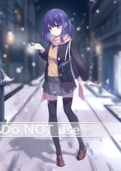 Rule 34 | 1girl, bag, black jacket, black ribbon, black thighhighs, blazer, blurry, blurry background, blush, brown footwear, closed mouth, collared shirt, depth of field, english text, full body, grey necktie, grey skirt, hair ribbon, hand up, highres, jacket, loafers, mo (pixiv9929995), necktie, night, open clothes, open jacket, original, outdoors, pink scarf, pleated skirt, purple eyes, purple hair, ribbon, scarf, school bag, school uniform, shirt, shoes, skirt, smile, snow, snowing, solo, standing, sweater vest, thighhighs, two side up, watermark, white shirt
