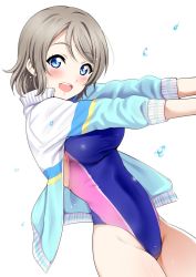Rule 34 | 1girl, :d, arms up, blue eyes, blue one-piece swimsuit, blush, breasts, brown hair, competition swimsuit, covered navel, cowboy shot, dutch angle, highres, jacket, looking at viewer, love live!, love live! sunshine!!, medium breasts, one-piece swimsuit, open clothes, open jacket, open mouth, sankuro (agoitei), simple background, smile, solo, swept bangs, swimsuit, thighs, track jacket, watanabe you, water drop, white background