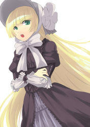Rule 34 | 1girl, blonde hair, bow, crossed arms, dress, gosick, gothic lolita, green eyes, hat, lolita fashion, long hair, nueco, open mouth, simple background, solo, standing, tsurime, very long hair, victorica de blois, white background