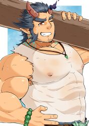 Rule 34 | 1boy, bad id, bad twitter id, bara, bare arms, bead bracelet, beads, blue hair, bracelet, broken horn, carpenter, carrying over shoulder, covered abs, covered erect nipples, covered navel, cowboy shot, dark blue hair, demon boy, demon horns, denim, facial hair, fiery horns, grin, highres, horns, huge eyebrows, huge pectorals, jeans, jewelry, kansuke (kansuke 717), long sideburns, looking at viewer, male focus, mature male, muscular, muscular male, mutton chops, necklace, one eye closed, pants, pectoral cleavage, pectorals, scar, scar on neck, short hair, sideburns, smile, solo, strongman waist, stubble, sweat, sweaty clothes, takemaru (housamo), tokyo houkago summoners, torn clothes, torn sleeves, v-shaped eyebrows, very sweaty