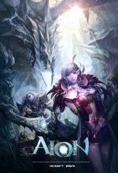 Rule 34 | 1girl, absurdres, aion, armor, asmodian, detached sleeves, dragon, dress, highres, solo, sword, weapon, white hair