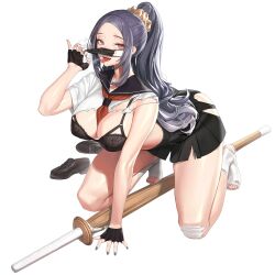 Rule 34 | 1girl, axoo, bandaid, bandaid on face, bandaid on knee, bandaid on leg, bare legs, black bra, black footwear, black gloves, black skirt, black surgical mask, blue eyes, blush, bra, breasts, breath, candy, cleavage, cropped shirt, delinquent, fellatio gesture, fingerless gloves, floral print, food, food in mouth, full body, gloves, grey hair, grey nails, hair ornament, hair scrunchie, half gloves, hand on ground, high ponytail, highres, kneeling, lace, lace bra, large breasts, last origin, loafers, lollipop, long hair, looking at viewer, mask, mask pull, microskirt, mouth mask, nail polish, neckerchief, neckerchief between breasts, official alternate costume, official art, open mouth, pleated skirt, red neckerchief, saliva, saliva trail, school uniform, scrunchie, serafuku, shinai, shirt, shoes, short sleeves, sidelocks, simple background, skirt, socks, solo, spread legs, sukeban, surgical mask, sword, tachi-e, teeth, third-party source, toenail polish, toenails, tongue, tongue out, torn clothes, torn shirt, torn skirt, torn socks, transparent background, underwear, unworn shoes, upper teeth only, war wolf (last origin), weapon, white serafuku, white socks, yellow scrunchie