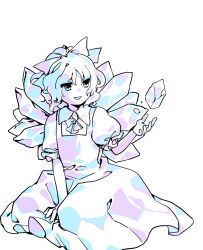Rule 34 | 1girl, cirno, collared shirt, commentary request, cryokinesis, dress, hair ribbon, hand up, highres, ice, ice wings, kaigen 1025, medium hair, neck ribbon, open mouth, pinafore dress, puffy short sleeves, puffy sleeves, ribbon, shirt, short sleeves, simple background, sitting, sleeveless, sleeveless dress, smile, solo, touhou, white background, wings
