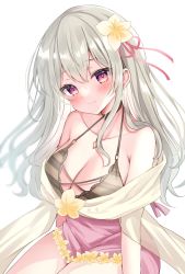Rule 34 | 1girl, blush, breasts, cleavage, closed mouth, collarbone, commentary request, commission, dress, flower, grey hair, hair between eyes, hair flower, hair ornament, hamico, hanakumo rin (vtuber), hand up, highres, long hair, looking at viewer, medium breasts, pink dress, propro production, purple eyes, simple background, sitting, skeb commission, smile, solo, very long hair, virtual youtuber, white background, yellow flower