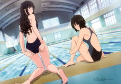 Rule 34 | 2girls, absurdres, adjusting clothes, adjusting swimsuit, amagami, ass, barefoot, black eyes, black hair, blue eyes, blurry, blush, competition swimsuit, depth of field, detexted, dutch angle, feet, from behind, highres, indoors, kneeling, lane line, legs, long hair, looking back, megami magazine, morishima haruka, multiple girls, nanasaki ai, non-web source, official art, one-piece swimsuit, pool, poolside, short hair, swimsuit, tachikawa seiji, third-party edit, water, wet