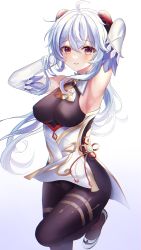 Rule 34 | 1girl, absurdres, ahoge, armpits, arms up, bare shoulders, bell, black legwear, black leotard, blue hair, blush, bodystocking, bodysuit, breasts, chabi, chinese knot, detached sleeves, flower knot, ganyu (genshin impact), genshin impact, gold trim, groin, high heels, highres, horns, leg up, leotard, leotard under clothes, light smile, long hair, looking at viewer, medium breasts, neck bell, parted lips, purple eyes, sideboob, sidelocks, solo, tassel, thighlet, thighs, vision (genshin impact), white background, white sleeves