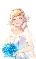 Rule 34 | 1girl, bad id, bad twitter id, blonde hair, blush, bouquet, braid, dress, closed eyes, fire emblem, fire emblem heroes, long hair, looking at viewer, nintendo, open mouth, reiesu (reis), sharena (fire emblem), simple background, smile, solo, wedding dress, white background