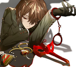 Rule 34 | 1boy, akechi gorou, black gloves, black necktie, brown eyes, brown hair, collared shirt, cuffs, elbow rest, expressionless, gloves, grey jacket, hair over one eye, half-closed eyes, hand on own cheek, hand on own face, handcuffs, holding, invisible table, jacket, jewelry, long sleeves, looking down, male focus, mask, necklace, necktie, persona, persona 5, pointed mask, red mask, red pupils, shirt, short hair, simple background, solo, striped necktie, suou (sdurorhr), unworn mask, vertical-striped clothes, vertical-striped necktie, white background, white shirt, wing collar