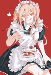 Rule 34 | 1girl, absurdres, alternate costume, alternate hairstyle, apron, artist name, black dress, blonde hair, cake, chainsaw man, closed mouth, collared dress, cross-shaped pupils, dress, enmaided, fingernails, food, food on face, fork, frilled apron, frills, hair between eyes, heart, highres, holding, holding fork, horns, ice morinaka, long hair, looking at viewer, maid, maid apron, maid headdress, plate, power (chainsaw man), puffy short sleeves, puffy sleeves, red background, red horns, short sleeves, sitting, smile, solo, strawberry cake, symbol-shaped pupils, tongue, tongue out, twintails, white apron, yellow eyes