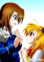 Rule 34 | 2girls, absurdres, ahoge, artist name, blue eyes, blush, bow, breasts, eye contact, hair ribbon, highres, jacket, jacket on shoulders, large breasts, long hair, long sleeves, looking at another, lyrical nanoha, mahou senki lyrical nanoha force, mahou shoujo lyrical nanoha, multiple girls, nervous, open mouth, pout, rappasan05, red bow, red eyes, ribbon, short sleeves, sidelocks, st. hilde academy of magic uniform, sweatdrop, tsab ground military uniform, twitter username, upper body, vivio, yagami hayate