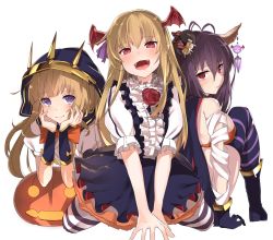 Rule 34 | 10s, 3girls, antenna hair, arm support, bat wings, black hair, blonde hair, blush, bow, breasts, cagliostro (granblue fantasy), cagliostro (halloween) (granblue fantasy), cape, commentary request, crown, danua, draph, fangs, frilled skirt, frills, girl sandwich, gloves, granblue fantasy, hair between eyes, half-closed eyes, halloween, hands on own cheeks, hands on own face, hat, head wings, horns, kneeling, large breasts, long hair, long sleeves, looking at viewer, looking back, mini hat, multiple girls, open mouth, pantyhose, pointy ears, puffy short sleeves, puffy sleeves, pumpkin, purple eyes, red eyes, sandwiched, sato (samanosuke 0710), shingeki no bahamut, shirt, short sleeves, simple background, sitting, skirt, smile, striped clothes, striped legwear, striped pantyhose, v arms, vampire, vampy, white background, wings