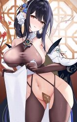 Rule 34 | 1girl, absurdres, azur lane, bare shoulders, black hair, blue flower, breasts, brown gloves, chen hai (azur lane), chen hai (retrofit) (azur lane), chinese clothes, clothes lift, cowboy shot, crotch plate, elbow gloves, flower, flower ornament, gloves, highres, hip vent, large breasts, long hair, looking at viewer, navel, pelvic curtain, pelvic curtain lift, red eyes, revealing clothes, skindentation, solo, standing, zhanggong