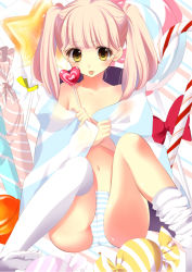 Rule 34 | 1girl, :p, bad id, bad pixiv id, blonde hair, candy, food, lollipop, original, panties, shaped lollipop, socks, solo, striped clothes, striped panties, thighhighs, tongue, tongue out, topless, twintails, underwear, white socks, yellow eyes, yuga, yugaa