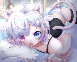 Rule 34 | 1girl, :3, absurdres, amemiya nazuna, animal ears, black shirt, black thighhighs, blue eyes, cat ears, cat girl, cat tail, commentary, earrings, english commentary, fang, heterochromia, highres, jewelry, looking at viewer, lying, on bed, on stomach, open mouth, panties, pc9801x, pink eyes, ring, shirt, short hair, skin fang, tail, thighhighs, underwear, virtual youtuber, vshojo, white hair, white panties