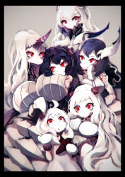 Rule 34 | 10s, 307, 6+girls, abyssal ship, aircraft, airfield princess, airplane, anchorage water oni, black border, black hair, border, breasts, chromatic aberration, claws, colored skin, covered mouth, detached sleeves, dress, gloves, hairband, highres, horns, isolated island oni, kantai collection, large breasts, lolita hairband, long hair, midway princess, mittens, multiple girls, northern ocean princess, pale skin, red eyes, seaport princess, single horn, totoya z, wavy hair, white dress, white gloves, white hair, white skin