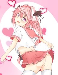 Rule 34 | 1boy, ass, astolfo (fate), azpopio, braid, clothes lift, fang, fate/apocrypha, fate/grand order, fate (series), heart, highres, leaning, leaning forward, long hair, looking at viewer, looking back, male focus, multicolored hair, open mouth, pink hair, purple eyes, school uniform, shiny skin, single braid, skirt, skirt hold, skirt lift, solo, thighhighs, trap, two-tone hair, very long hair, white hair