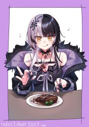 Rule 34 | 1girl, absurdres, black choker, black coat, black dress, black gloves, black hair, black nails, blush, breasts, chest belt, choker, cleavage, coat, dress, elbow gloves, food, fur-trimmed coat, fur trim, gloves, highres, holding, holding scissors, hololive, hololive english, jewelry, lace-trimmed choker, lace trim, large breasts, long hair, looking at viewer, multicolored hair, musical note, nail polish, ring, scissors, shiori novella, shiori novella (1st costume), smile, solo, split-color hair, steak, striped clothes, striped gloves, tongue, tongue out, virtual youtuber, westlee ar, white hair, yellow eyes