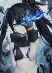 Rule 34 | 1girl, absurdres, bikini, bikini top only, black bikini, black gloves, black hair, black rock shooter, black rock shooter: dawn fall, black rock shooter (character), blue eyes, breasts, chain, cleavage, clenched teeth, closed mouth, flaming eye, floating hair, gloves, highres, long hair, looking at viewer, rinpu shin, small breasts, solo, swimsuit, teeth, upper body, very long hair