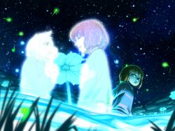 Rule 34 | 1boy, androgynous, asriel dreemurr, begging, blue eyes, brown eyes, brown hair, bug, chara (undertale), fireflies, flower, flying, frisk (undertale), furry, furry male, glowing, magic, monster boy, night, night sky, outdoors, own hands together, see-through, shirt, sky, spoilers, star (sky), starry sky, striped clothes, striped shirt, tenperu tapio, undertale, upper body