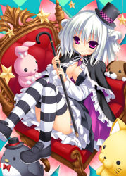 Rule 34 | 1girl, 2-g, breasts, cane, capelet, character request, checkered clothes, checkered necktie, checkered neckwear, double bun, dress, hair bun, hat, holding, loafers, mini hat, mini top hat, necktie, original, purple eyes, ribbon, shoes, sitting, smile, solo, star (symbol), striped clothes, striped thighhighs, stuffed animal, stuffed cat, stuffed dog, stuffed penguin, stuffed rabbit, stuffed toy, thighhighs, top hat, white hair