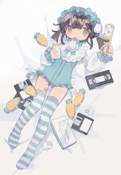Rule 34 | 1girl, :o, absurdres, baby bottle, bandaid, bandaid on leg, bed sheet, blue thighhighs, bottle, brown hair, carrot, cassette tape, daizu (melon-lemon), detached sleeves, film grain, floppy disk, frilled hairband, frilled sleeves, frills, full body, gradient eyes, hair ornament, hairband, hands up, head tilt, highres, holding, lolita hairband, long sleeves, looking at viewer, low twintails, lying, multicolored eyes, no nose, no shoes, on back, open mouth, orange eyes, original, pacifier, puffy sleeves, rabbit hair ornament, rattle, ribbon, short hair, short twintails, sidelocks, solo, striped clothes, striped thighhighs, tareme, thighhighs, tissue, tissue box, twintails, used tissue, videocassette, white ribbon