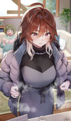 Rule 34 | 2girls, absurdres, ahoge, aketa mikoto, blonde hair, blush, breasts, brown hair, chain, chain necklace, couch, down jacket, gradient hair, hair between eyes, highres, holding, holding clothes, holding jacket, hot, idolmaster, idolmaster shiny colors, indoors, jacket, jewelry, large breasts, long sleeves, multicolored eyes, multicolored hair, multiple girls, nail polish, nanakusa nichika, necklace, office, open clothes, open jacket, padded jacket, solo focus, steam, surprised, sweatdrop, uouokuma