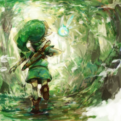 Rule 34 | 1boy, bad id, bad pixiv id, child, fairy, forest, from behind, green shirt, green theme, hat, link, lowres, male focus, nature, navi, nintendo, pointy ears, shirt, sin (hitonatsu), solo, sword, the legend of zelda, the legend of zelda: ocarina of time, tree, weapon, young link