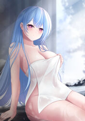Rule 34 | 1girl, absurdres, azur lane, blue hair, breasts, bright pupils, cleavage, closed mouth, collarbone, highres, large breasts, long hair, naked towel, onsen, pink eyes, rika ryne, signature, sitting, smile, solo, towel, voroshilov (azur lane), water, wet, white pupils