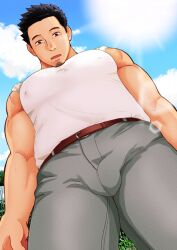 Rule 34 | 1boy, bara, black hair, bulge, covered erect nipples, denim, facial hair, foreshortening, from below, goatee stubble, highres, jeans, large pectorals, looking at viewer, male focus, mature male, muscular, muscular male, original, pants, pectorals, plump, raised eyebrows, schwinn57, short hair, sideburns, solo, stubble, sunlight, sweat, sweaty clothes, thick thighs, thighs, thighs together, tied sleeves, wide-eyed
