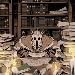 Rule 34 | 1boy, arizuka (catacombe), armor, black gloves, book, book stack, bookshelf, brown cape, candle, cape, elden ring, gideon ofnir, gloves, helm, helmet, highres, leaning forward, looking at viewer, male focus, paper, solo