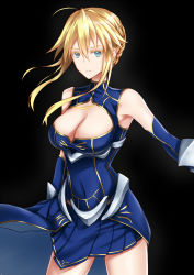 Rule 34 | 1girl, ahoge, arm at side, artoria pendragon (all), artoria pendragon (fate), artoria pendragon (lancer) (fate), black background, blue gloves, braid, breasts, cleavage, cleavage cutout, closed mouth, clothing cutout, colored eyelashes, commentary request, covered navel, cowboy shot, elbow gloves, fate/grand order, fate (series), french braid, gloves, hair between eyes, highres, looking at viewer, medium breasts, miniskirt, naga (pixiv70891418), pleated skirt, saber (fate), short hair with long locks, simple background, skirt, sleeveless, solo, standing, wind