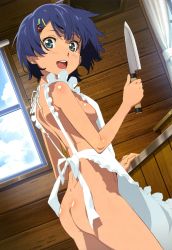 Rule 34 | 10s, 1girl, :d, ano natsu de matteru, apron, aqua eyes, ass, blue hair, blush, breasts, cooking, hair ornament, hairclip, highres, knife, looking back, naked apron, nude filter, nyantype, open mouth, short hair, smile, solo, tanigawa kanna, third-party edit
