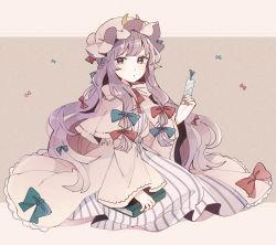 Rule 34 | 1girl, :o, blue bow, book, bookmark, bow, dress, frilled dress, frilled sleeves, frills, full body, green ribbon, hair bow, hat, long hair, mob cap, mozukuzu (manukedori), patchouli knowledge, purple eyes, purple hair, red bow, red ribbon, ribbon, seiza, simple background, sitting, solo, striped clothes, striped dress, touhou, very long hair