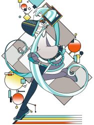 Rule 34 | 1girl, abstract, aqua hair, arms up, black footwear, black skirt, black sleeves, boots, closed eyes, commentary request, cubism, curly hair, detached sleeves, from side, grey shirt, hatsune miku, highres, leg up, long hair, looking up, machigami yoh, miku day, nail polish, number tattoo, pleated skirt, profile, shirt, shoulder tattoo, simple background, skirt, sleeveless, sleeveless shirt, solo, tattoo, thigh boots, very long hair, vocaloid, white background