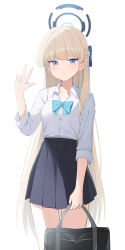 Rule 34 | 1girl, absurdres, bag, black skirt, blonde hair, blue archive, blue bow, blue bowtie, blue eyes, blue hair, bow, bowtie, closed mouth, collared shirt, cowboy shot, h9 99999, halo, highres, holding, holding bag, long hair, looking at viewer, multicolored hair, pleated skirt, shirt, simple background, skirt, solo, streaked hair, toki (blue archive), white background, white shirt