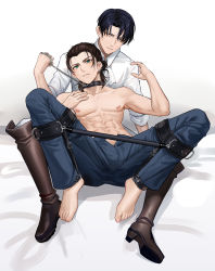 Rule 34 | 2boys, abs, absurdres, ascot, barefoot, bdsm, black hair, boots, brown hair, collar, collarbone, collared shirt, denim, ear piercing, earrings, eren yeager, fh moya, full body, green eyes, grey eyes, hair bun, highres, jeans, jewelry, knee boots, leash, levi (shingeki no kyojin), looking at viewer, messy hair, multiple boys, multiple piercings, nipple piercing, nipples, open fly, pants, parted lips, piercing, reclining, shingeki no kyojin, shirt, short hair, single hair bun, sitting, spread legs, spreader bar, toned, toned male, topless, very short hair, white ascot, yaoi