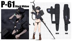 Rule 34 | 1girl, :d, absurdres, animal ears, black bra, black eyes, black hair, black hat, black jacket, black panties, boots, bra, bright pupils, brown footwear, cross-laced footwear, emu 1316, english text, front-tie top, gun, gun sling, hand on own head, hat, highres, jacket, lace-up boots, looking at viewer, midriff, multicolored hair, multiple views, navel, open mouth, original, panties, short hair, sleeves rolled up, smile, socks, solo, streaked hair, striker unit, striped clothes, striped socks, tail, underwear, weapon, weapon request, white pupils, world witches series