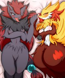 Rule 34 | 2girls, alternate color, artist request, blue eyes, blush, breasts, creatures (company), curvy, delphox, fox, furry, game freak, gen 5 pokemon, gen 6 pokemon, hair over one eye, holding hands, large breasts, looking at viewer, lying, multiple girls, nintendo, on back, pokemon, pokemon (creature), red eyes, shiny skin, slit pupils, tongue, tongue out, zoroark