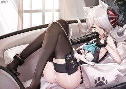 Rule 34 | 1girl, animal, animal ear fluff, animal ears, artist name, ass, bare shoulders, black dress, black gloves, brown thighhighs, cat, cat ears, cat girl, cat tail, commentary request, couch, curtains, dress, gloves, glowing, grey hair, gun, hair over one eye, headgear, highres, holding, holding gun, holding weapon, indoors, knees up, long hair, looking at viewer, nekoya (liu), no shoes, on couch, original, partially fingerless gloves, pillow, signature, solo, tail, thighhighs, twitter username, very long hair, weapon, weapon request, white cat, window, yellow eyes