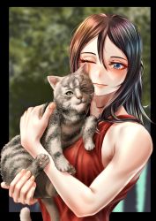 Rule 34 | 1girl, animal, black border, black hair, blue eyes, border, casual, cat, closed mouth, commentary, day, girls und panzer, highres, holding, holding animal, long hair, looking at viewer, nonna (girls und panzer), one eye closed, outdoors, red tank top, smile, solo, swept bangs, tank top, tigern (tigern28502735)
