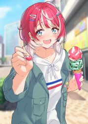 Rule 34 | 1girl, absurdres, aqua jacket, blurry, blurry background, blush, collarbone, food, grey hair, highres, holding, holding ice cream cone, holding spoon, hood, hoodie, ice cream, ice cream cone, idolmaster, idolmaster va-liv, incoming food, jacket, looking at viewer, multicolored hair, outdoors, red eyes, short twintails, smile, solo, spoon, tomori manaka, tonguewasabi, twintails, two-tone hair, upper body, white hoodie
