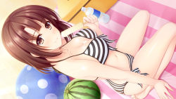 Rule 34 | 1girl, bad id, bad pixiv id, ball, bare arms, barefoot, beachball, bikini, blush, bottle, breasts, brown eyes, brown hair, cleavage, collarbone, dutch angle, feet, food, from side, halterneck, highres, katou megumi, long legs, looking at viewer, medium breasts, navel, outdoors, pasdar, popsicle, saenai heroine no sodatekata, short hair, sitting, smile, solo, string bikini, striped bikini, striped clothes, swimsuit, toes