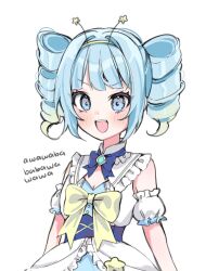 Rule 34 | 1girl, aqua gemstone, blue bow, blue bowtie, blue dress, blue eyes, blue hair, blush, bow, bowtie, buttons, catchphrase, collar, colored tips, detached sleeves, dress, drill hair, frilled collar, frilled dress, frills, hair ornament, hairband, highres, jelly hoshiumi, moenaomii (artist), multicolored clothes, multicolored dress, multicolored hair, open mouth, phase connect, puffy detached sleeves, puffy sleeves, short hair, sleeveless, sleeveless dress, solo, star (symbol), star hair ornament, star ornament, virtual youtuber, white background, white collar, yellow bow, yellow hairband