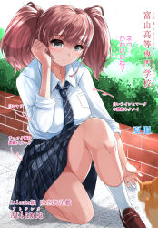 Rule 34 | 1girl, alternate costume, atlanta (kancolle), blue necktie, blue skirt, breast pocket, breasts, brown footwear, brown hair, cat, collared shirt, commentary request, grey eyes, highres, kantai collection, large breasts, loafers, long hair, long sleeves, necktie, nukoyarou, on one knee, outdoors, plaid, plaid skirt, pocket, school uniform, shirt, shoes, skirt, sleeves rolled up, socks, solo, translation request, two side up, white shirt, white socks