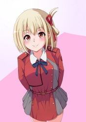 Rule 34 | 1girl, arms behind back, blonde hair, blue ribbon, from above, grey skirt, highres, jacket, konoyan, long hair, looking at viewer, lycoris recoil, lycoris uniform, nishikigi chisato, one side up, pink background, pleated skirt, red eyes, red jacket, red ribbon, red skirt, ribbon, school uniform, short hair, skirt, smile, solo, two-tone skirt