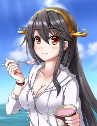 Rule 34 | 1girl, beach, black hair, blue sky, blush, breasts, brown eyes, cleavage, cloud, cloudy sky, day, food, hairband, haruna (kancolle), headgear, highres, holding, ice cream, jacket, kantai collection, karuna (madlax), long hair, long sleeves, medium breasts, sky, smile, solo, spoon, track jacket, upper body, water, white jacket