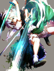 Rule 34 | 1girl, :o, black footwear, black ribbon, bloomers, commentary request, cuffs, dual wielding, frilled skirt, frills, green eyes, green skirt, grey background, hairband, highres, holding, holding sword, holding weapon, katana, konpaku youmu, open mouth, puffy short sleeves, puffy sleeves, ribbon, sakusyo, shoes, short hair, short sleeves, silver hair, skirt, solo, sword, teeth, touhou, underwear, v-shaped eyebrows, weapon, white bloomers